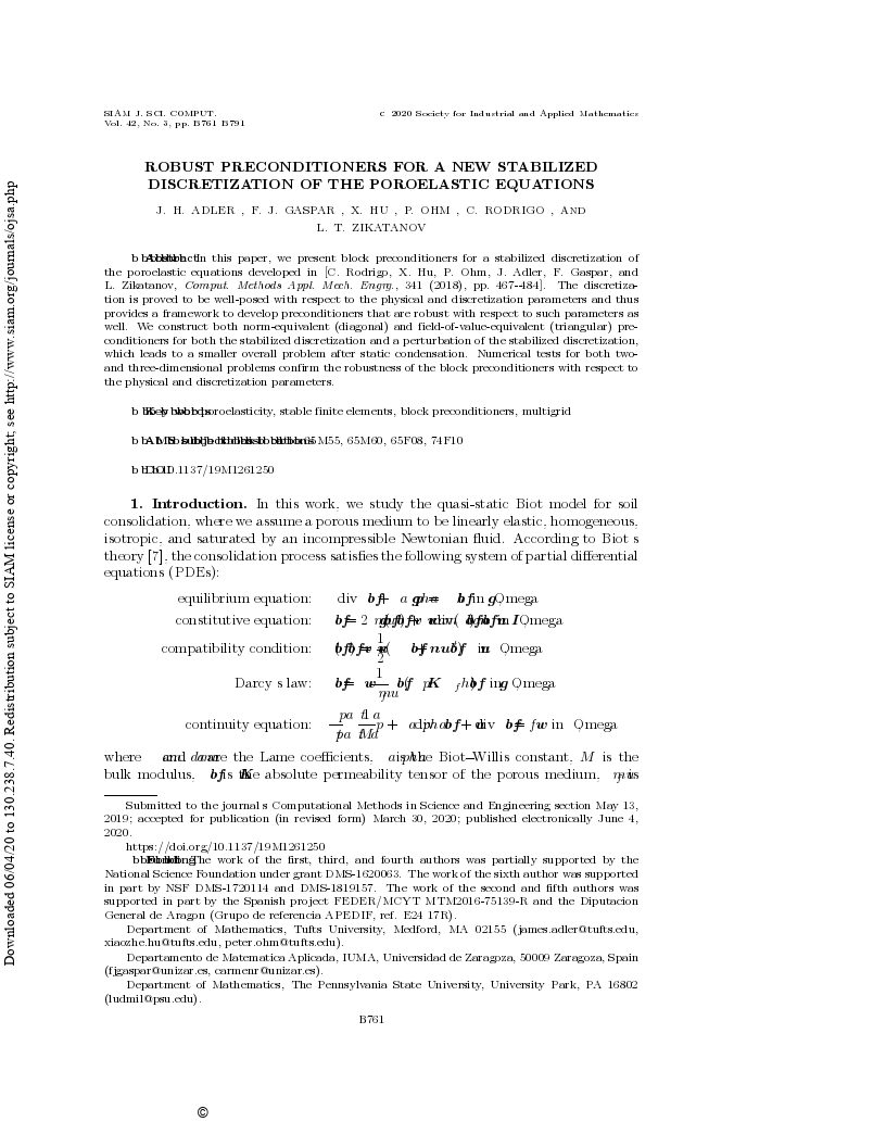 Robust preconditioners for a new stabilized discretization of the poroelastic equations