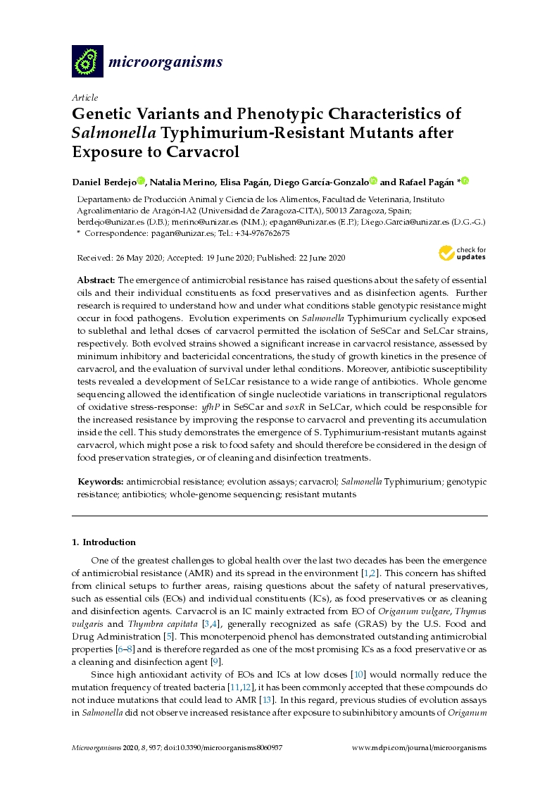 Genetic Variants and Phenotypic Characteristics ofSalmonellaTyphimurium-Resistant Mutants after Exposure to Carvacrol