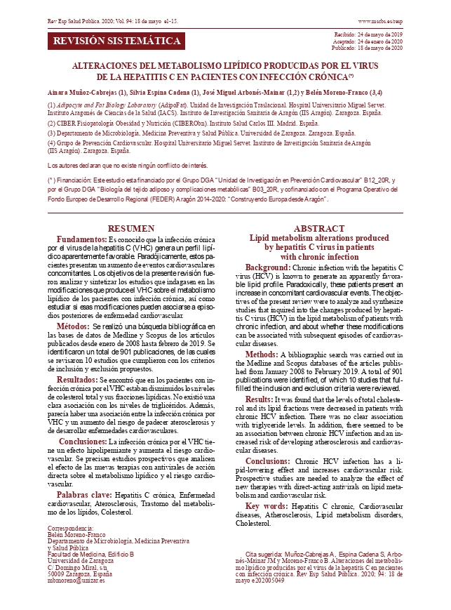 Alteraciones del metabolismo lipídico producidas por el virus de la hepatitis C en pacientes con infección crónica