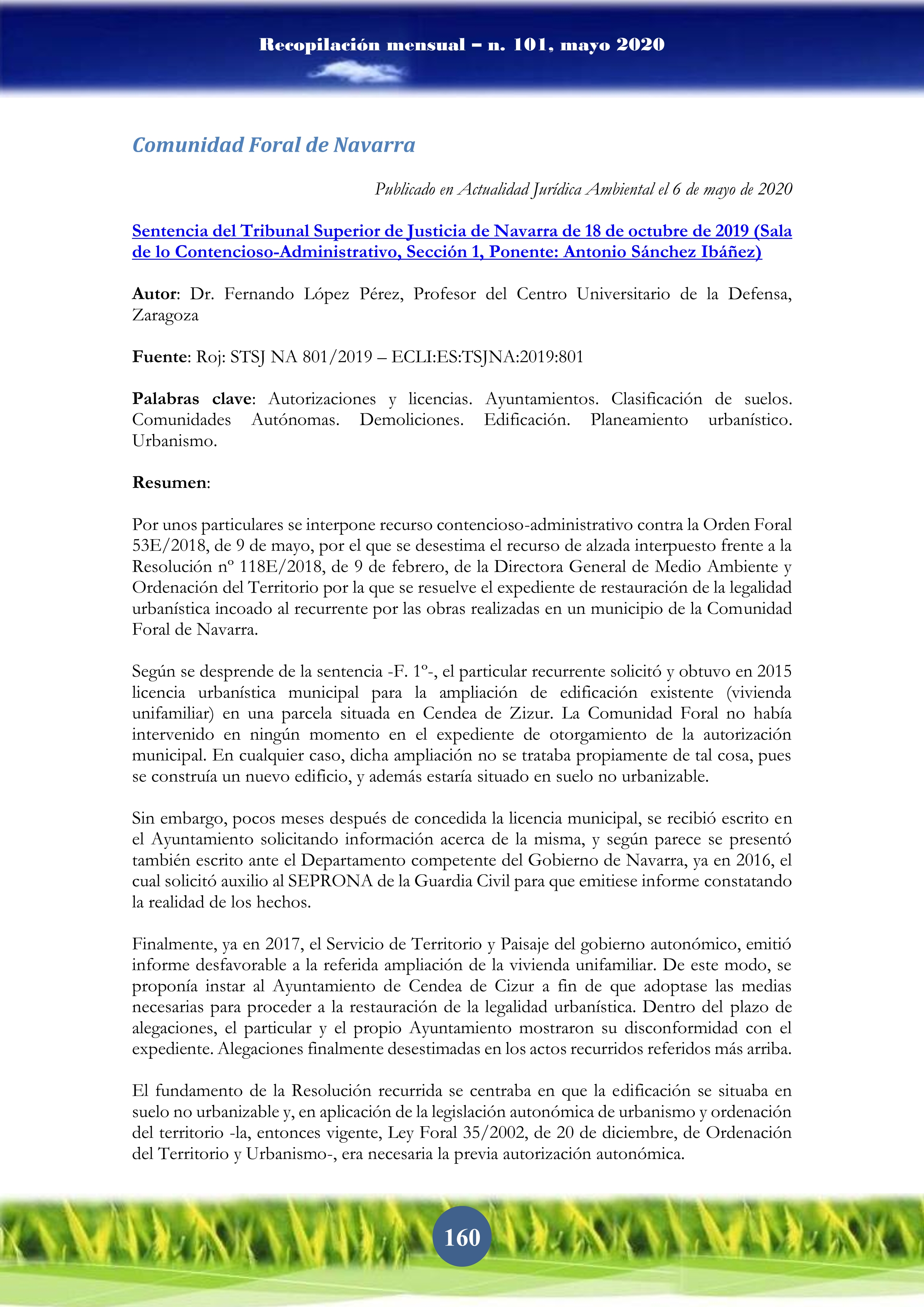 Sentencia del Tribunal Superior de Justicia de Navarra de 18 de octubre de 2019 (Sala de lo Contencioso-Administrativo, Sección 1, Ponente: Antonio Sánchez Ibáñez)