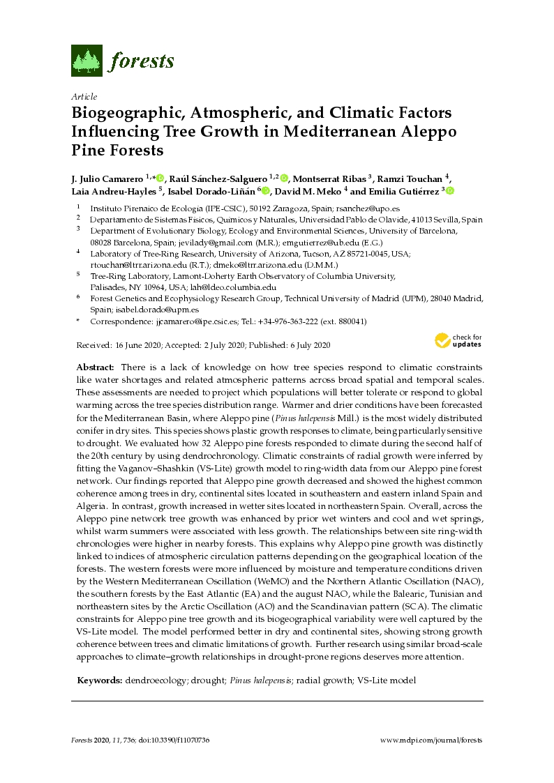 Biogeographic, Atmospheric, and Climatic Factors Influencing Tree Growth in Mediterranean Aleppo Pine Forests