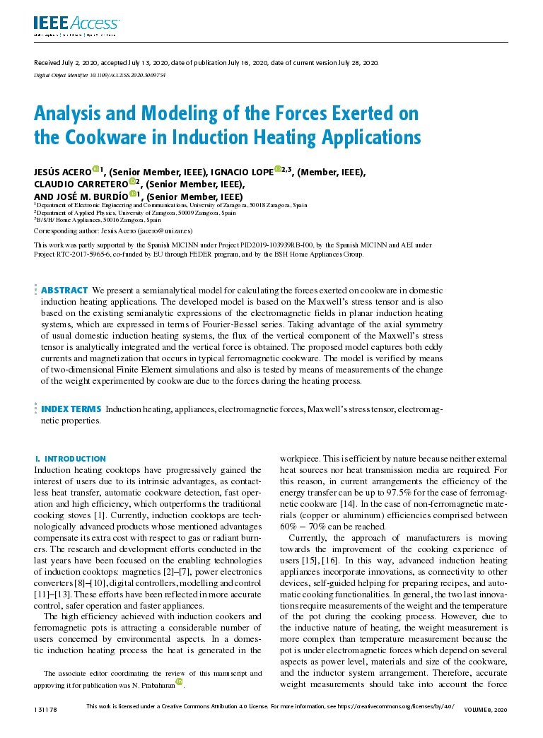 Analysis and Modeling of the Forces Exerted on the Cookware in Induction Heating Applications