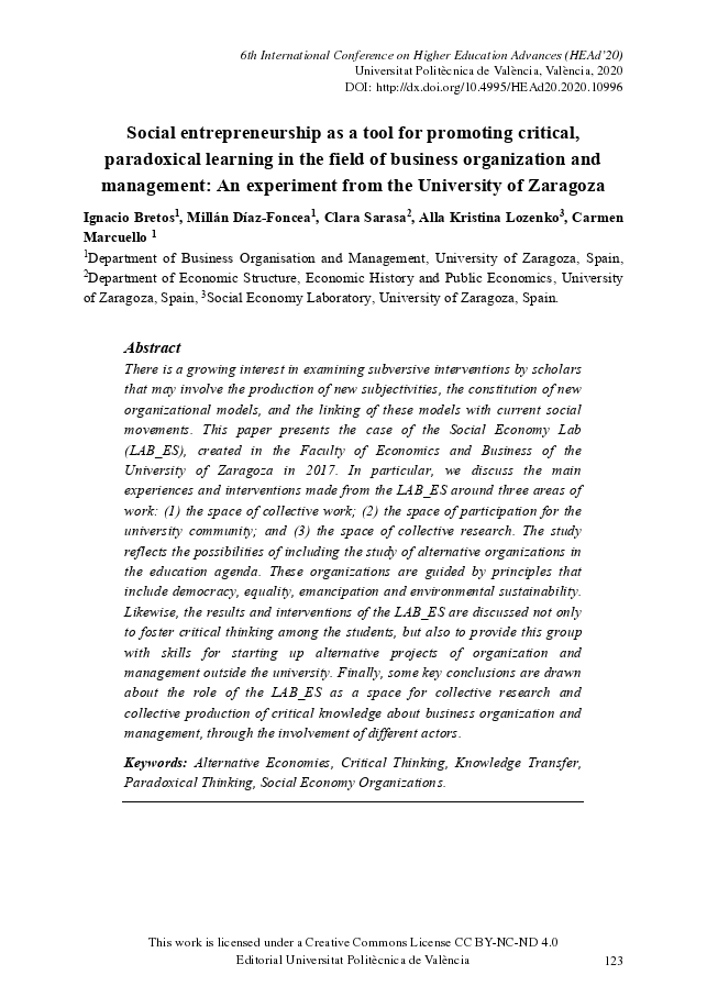 Social entrepreneurship as a tool for promoting critical, paradoxical learning in the field of business organization and management: An experiment from the University of Zaragoza