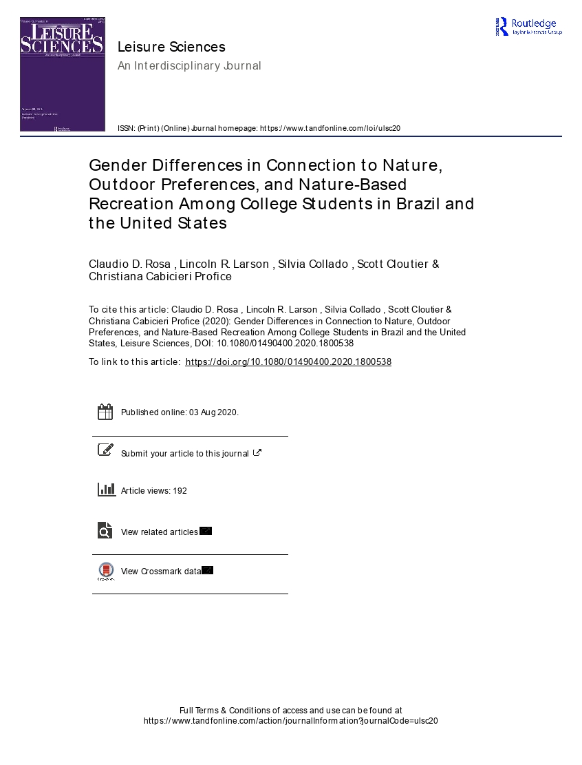 Gender Differences in Connection to Nature, Outdoor Preferences, and Nature-Based Recreation Among College Students in Brazil and the United States