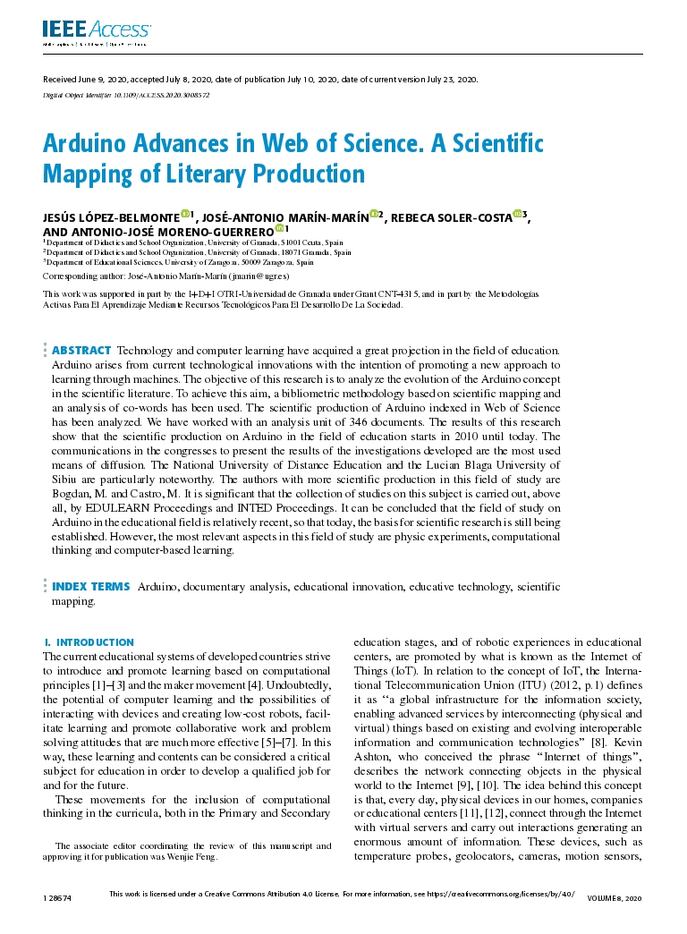 Arduino Advances in Web of Science. A Scientific Mapping of Literary Production