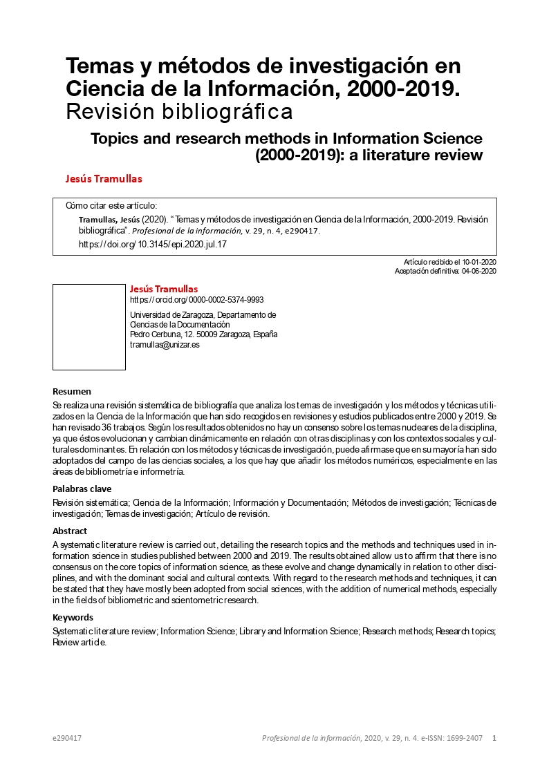 Temas y métodos de investigación en ciencia de la información, 2000-2019. Revisión bibliográfica