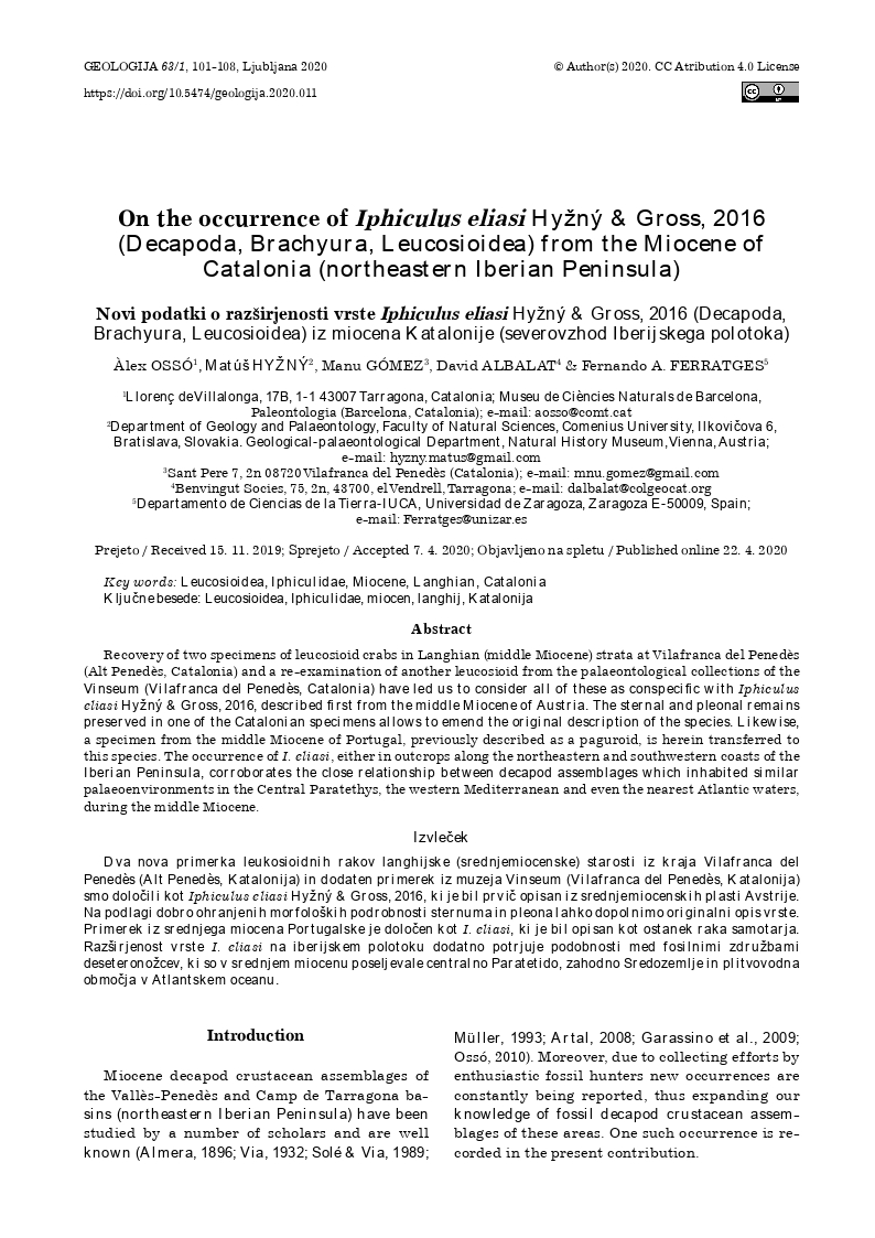 On the occurrence of Iphiculus eliasi Hyzny & Gross, 2016 (Decapoda, Brachyura, Leucosioidea) from the Miocene of Catalonia (northeastern Iberian Peninsula)