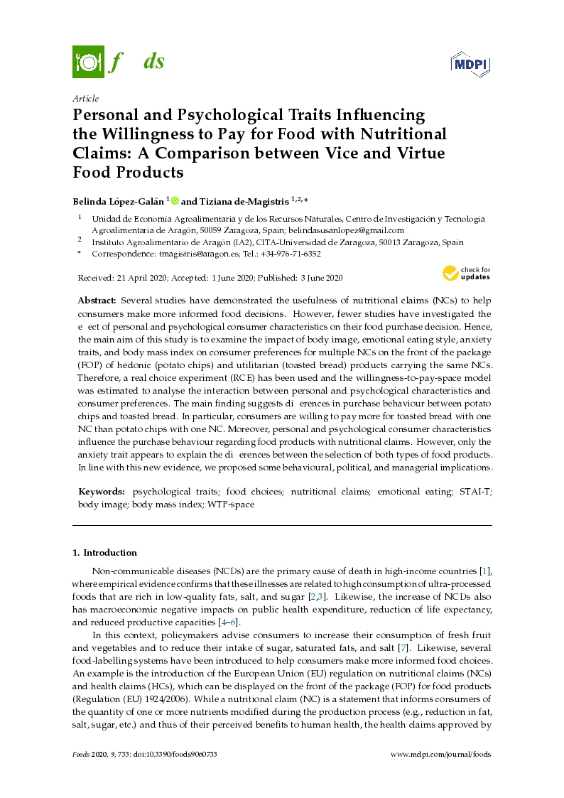 Personal and psychological traits influencing the willingness to pay for food with nutritional claims: A comparison between vice and virtue food products