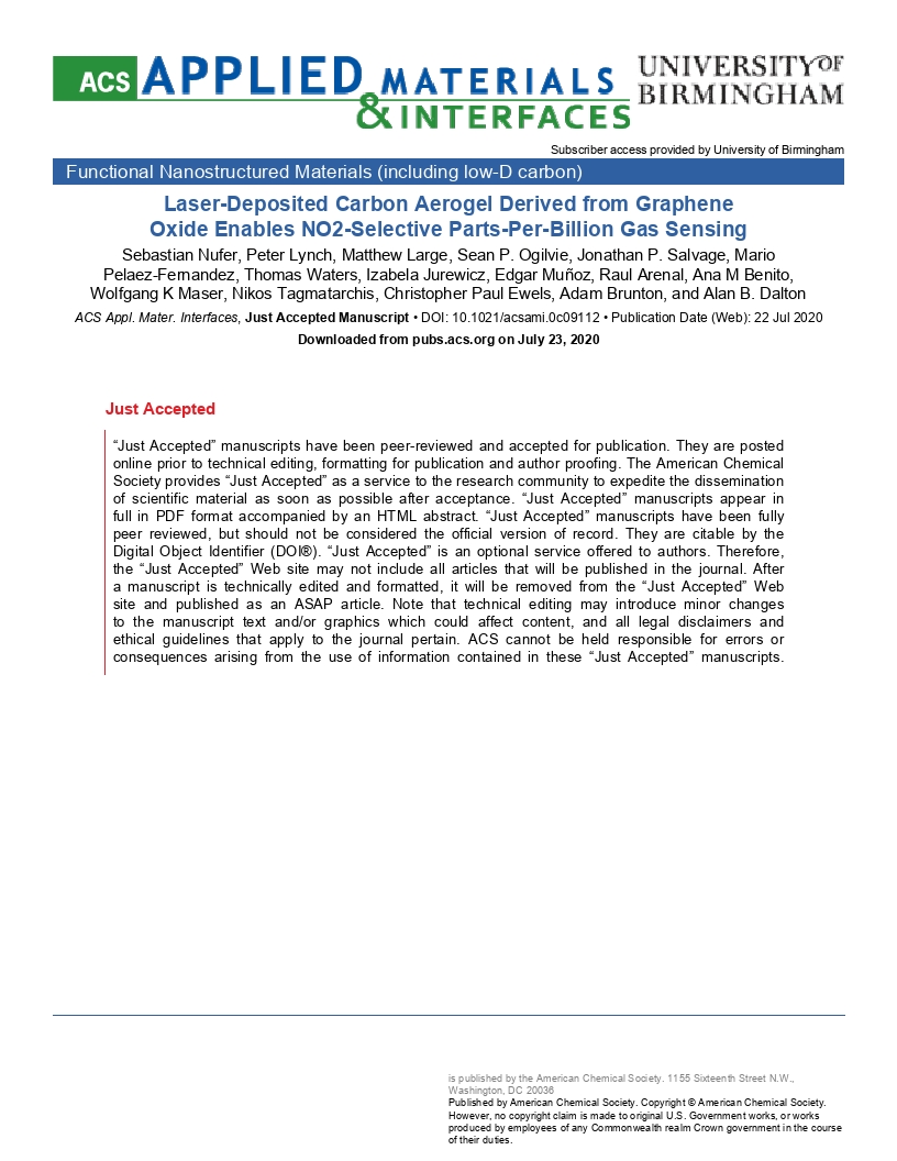 Laser-Deposited Carbon Aerogel Derived from Graphene Oxide Enables NO2-Selective Parts-per-Billion Sensing