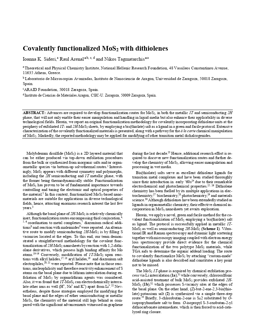 Covalently Functionalized MoS2 with Dithiolenes