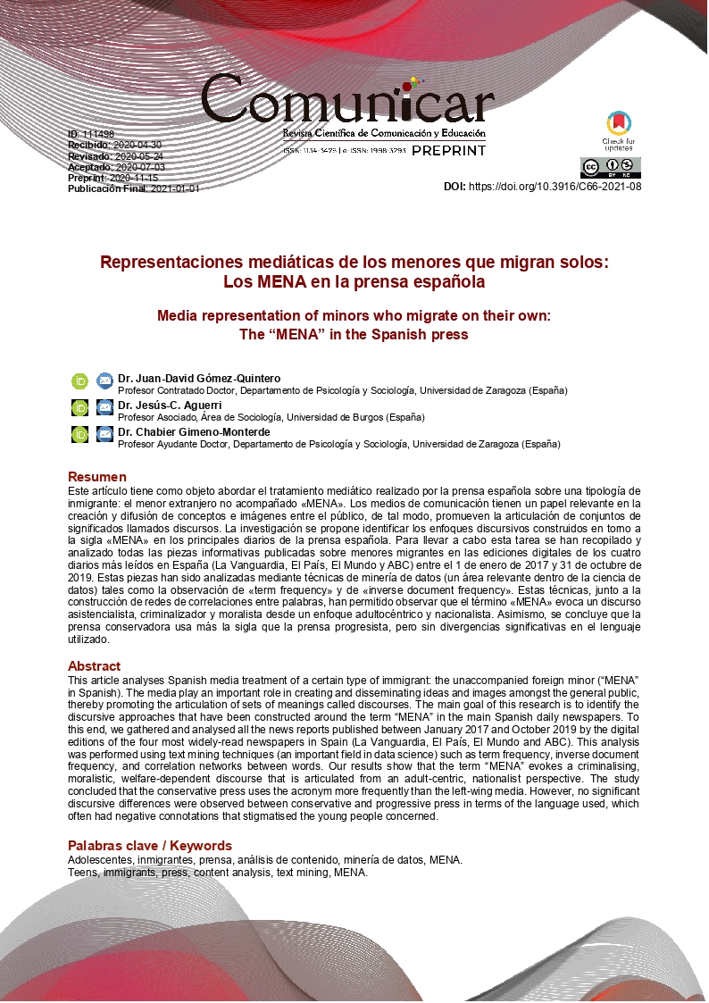 Representaciones mediáticas de los menores que migran solos: Los MENA en la prensa española
