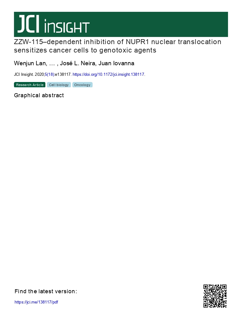 ZZW-115-dependent inhibition of NUPR1 nuclear translocation sensitizes cancer cells to genotoxic agents