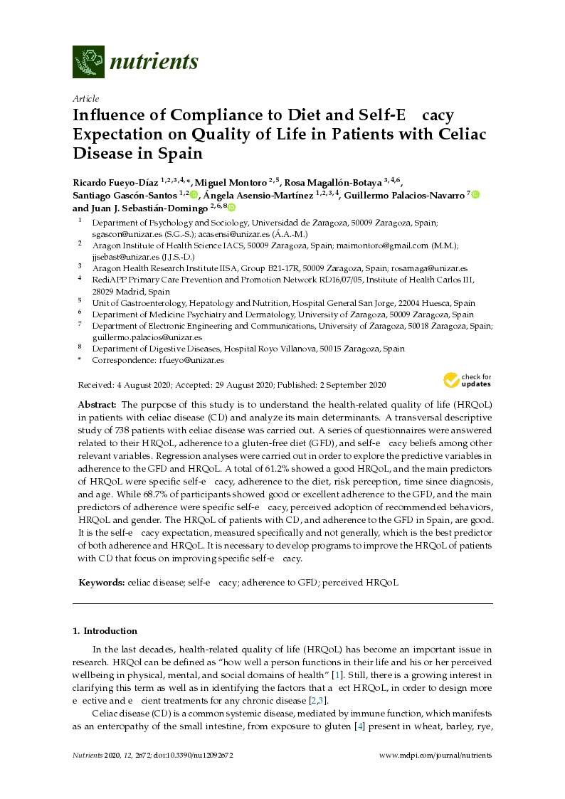 Influence of Compliance to Diet and Self-Efficacy Expectation on Quality of Life in Patients with Celiac Disease in Spain