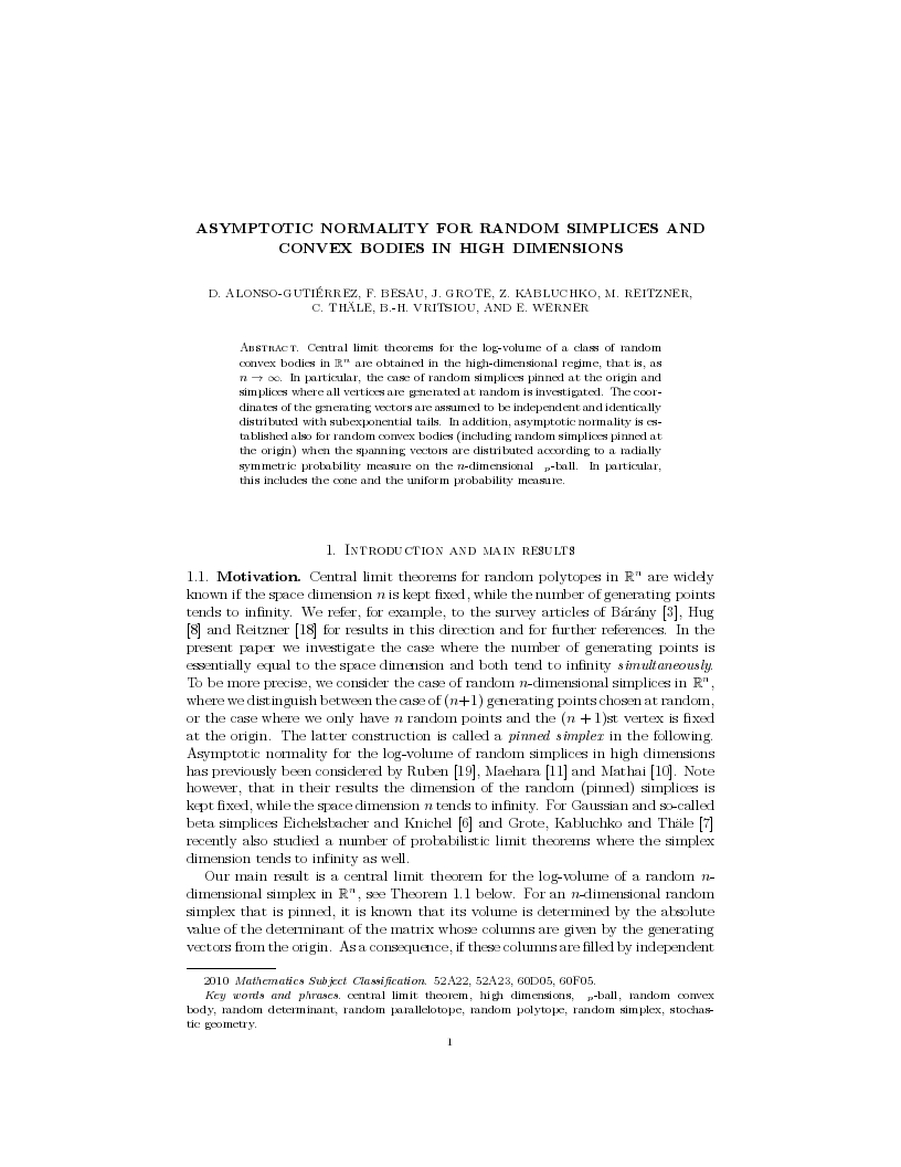Asymptotic normality for random simplices and convex bodies in high dimensions