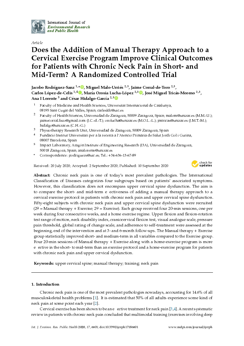 Does the addition of manual therapy approach to a cervical exercise program improve clinical outcomes for patients with chronic neck pain in short-and mid-term? A randomized controlled trial