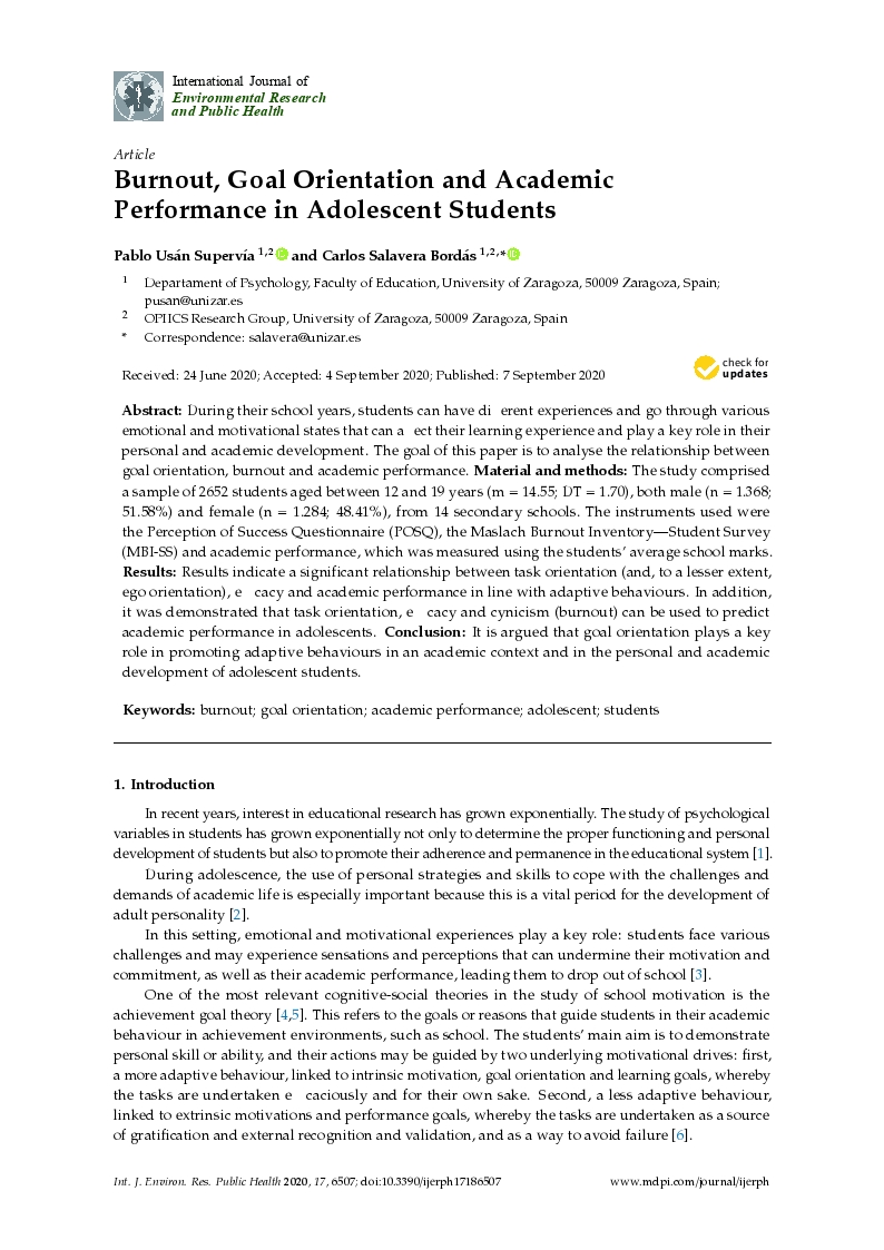 Burnout, goal orientation and academic performance in adolescent students