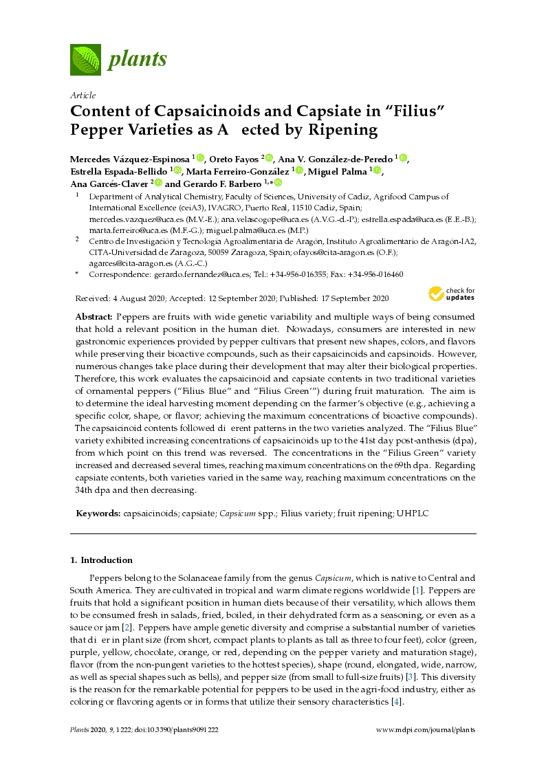 Content of capsaicinoids and capsiate in “filius” pepper varieties as affected by ripening