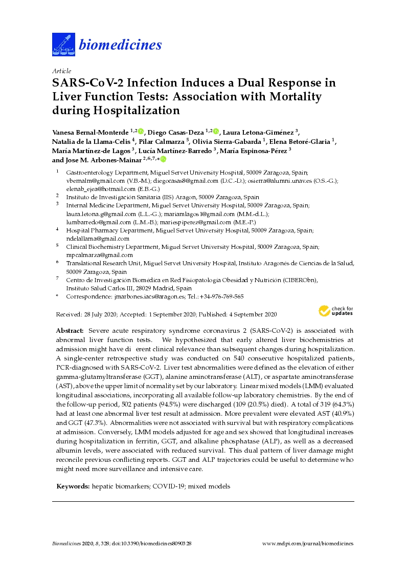 SARS-CoV-2 infection induces a dual response in liver function tests: Association with mortality during hospitalization