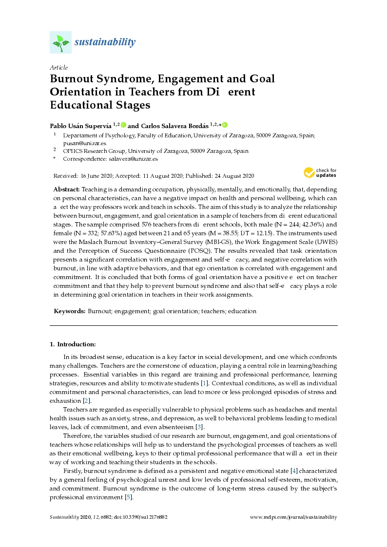 Burnout Syndrome, Engagement and Goal Orientation in Teachers from Different Educational Stages