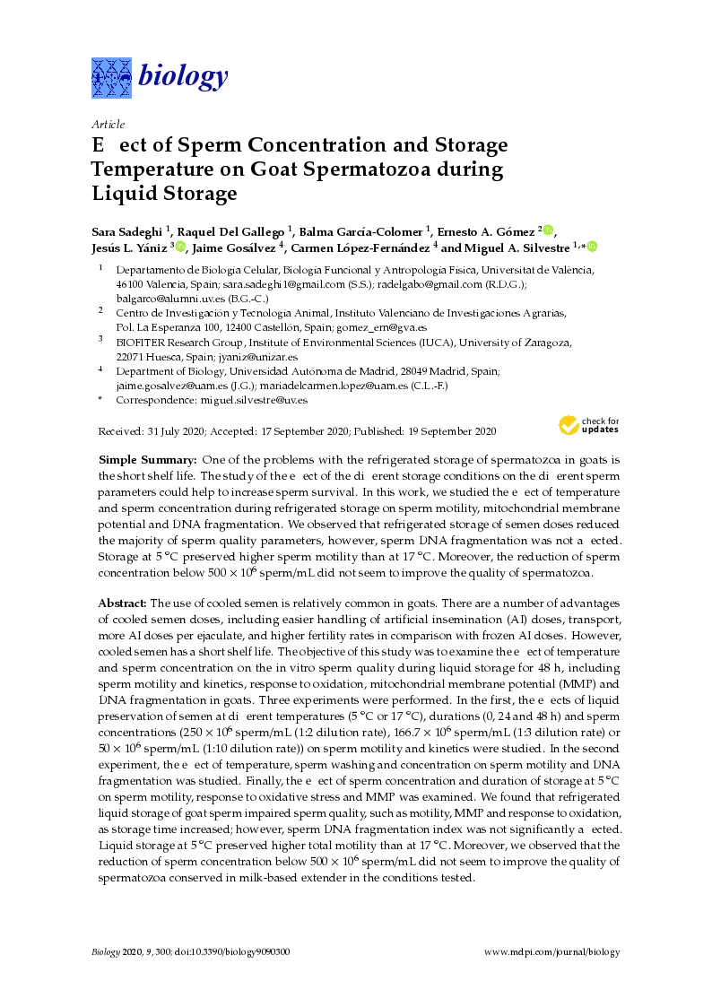 Effect of sperm concentration and storage temperature on goat spermatozoa during liquid storage