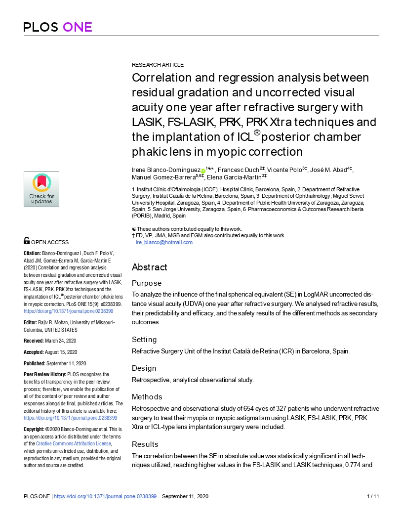 Correlation and regression analysis between residual gradation and uncorrected visual acuity one year after refractive surgery with LASIK, FS-LASIK, PRK, PRK Xtra techniques and the implantation of ICL® posterior chamber phakic lens in myopic correction