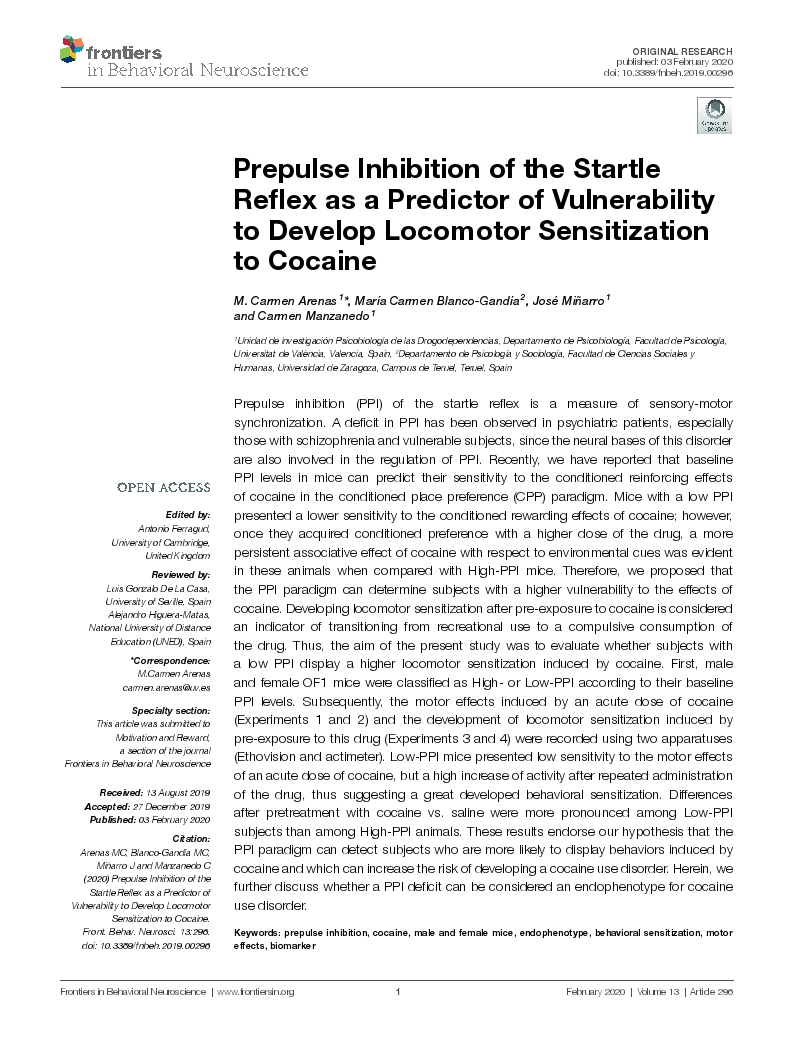 Prepulse Inhibition of the Startle Reflex as a Predictor of Vulnerability to Develop Locomotor Sensitization to Cocaine