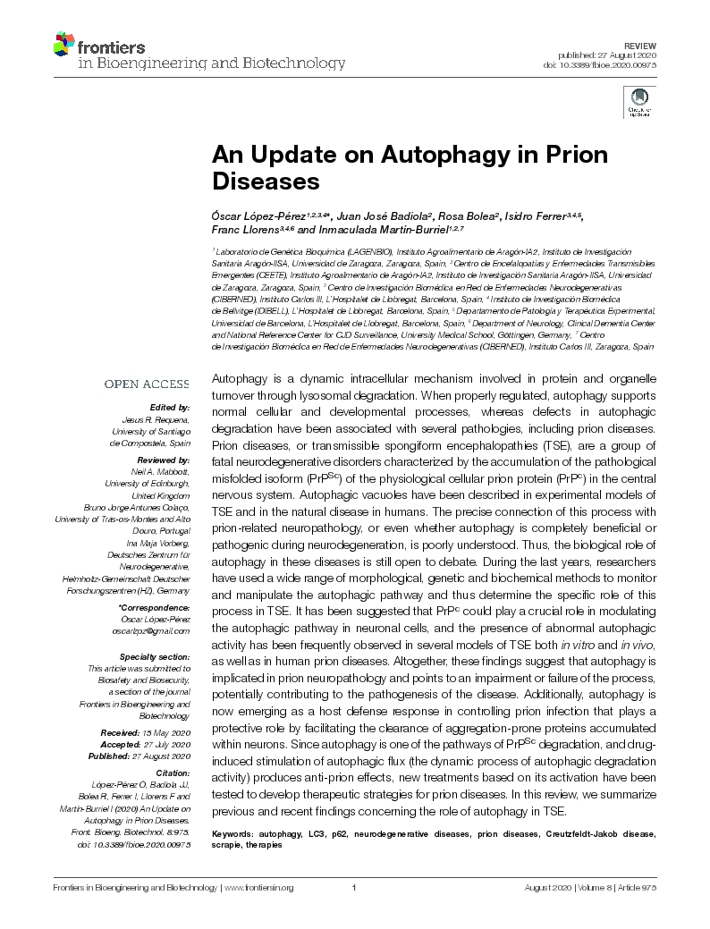 An Update on Autophagy in Prion Diseases