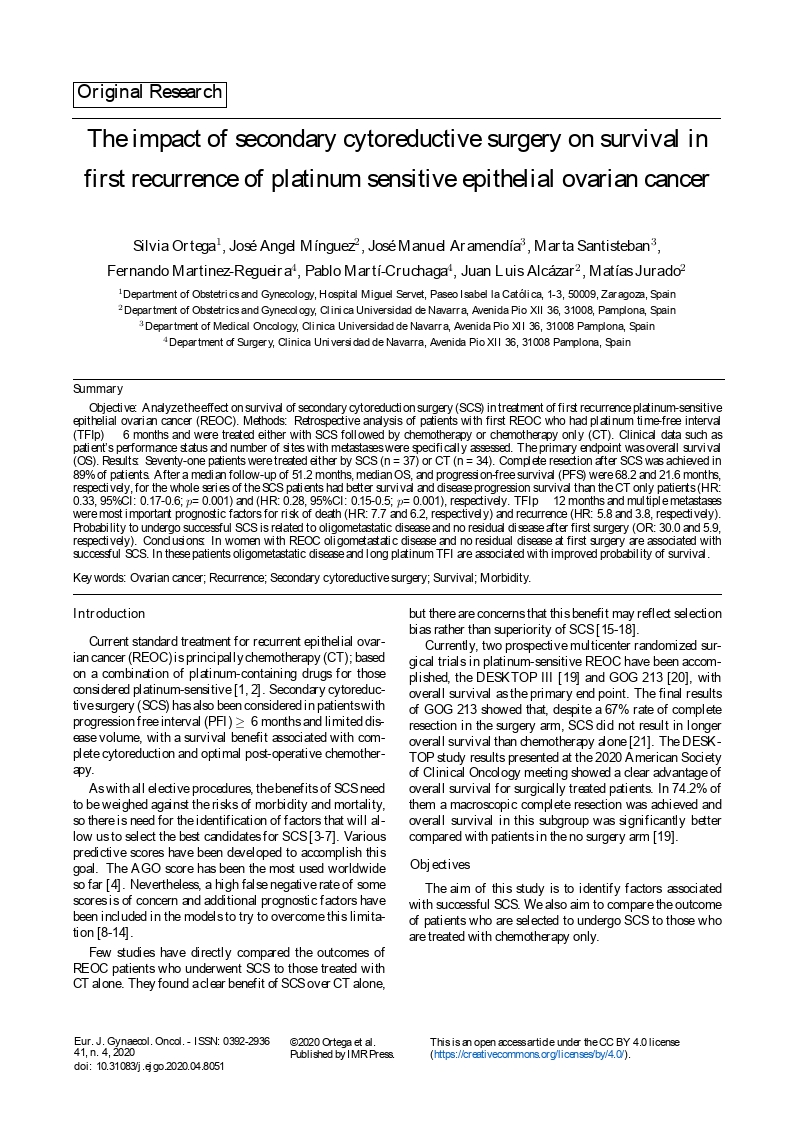 The impact of secondary cytoreductive surgery on survival in first recurrence of platinum sensitive epithelial ovarian cancer