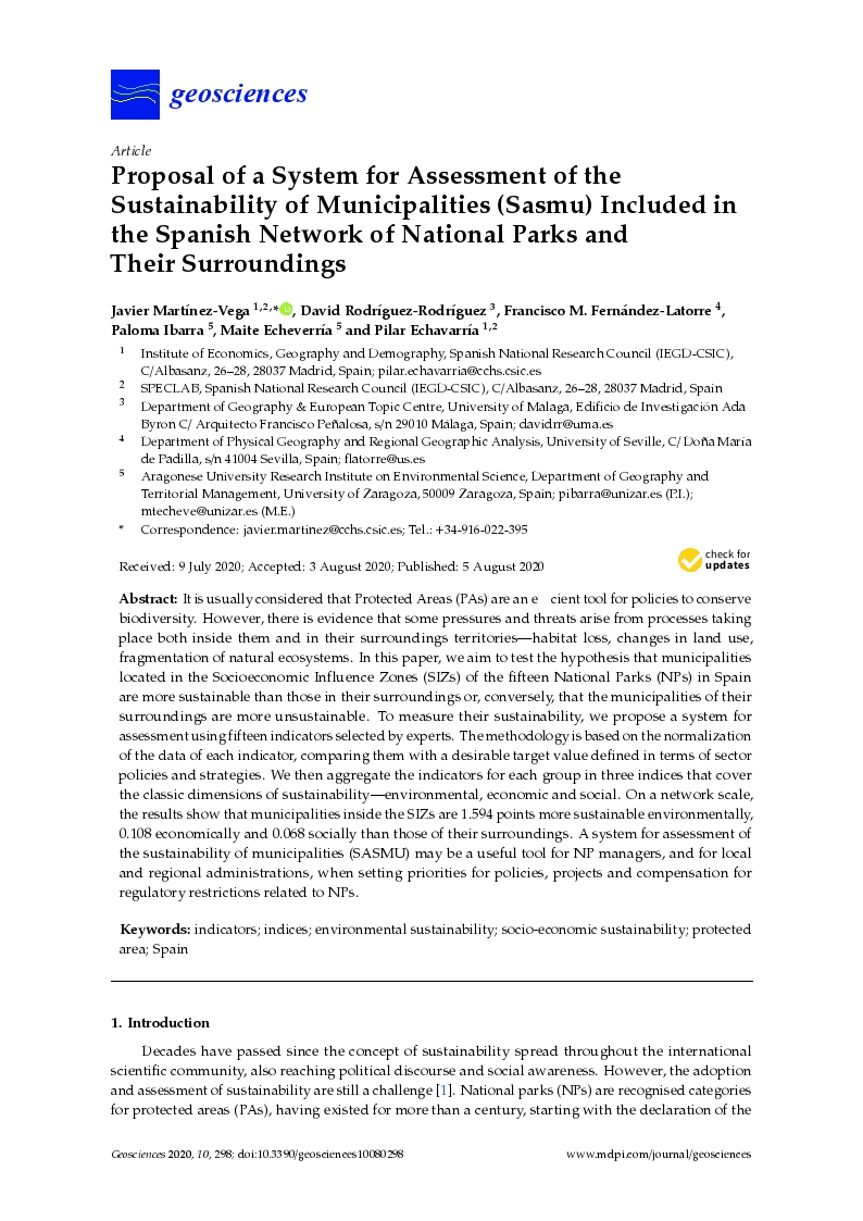 Proposal of a system for assessment of the sustainability of municipalities (Sasmu) included in the spanish network of national parks and their surroundings