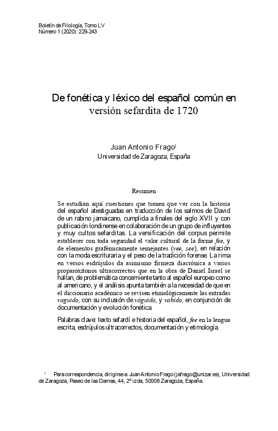 De fonética y léxico del español común en versión sefardita de 1720