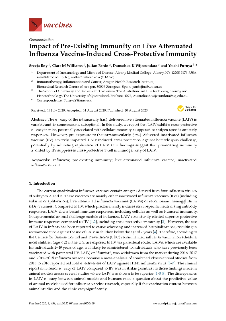 Impact of pre-existing immunity on live attenuated influenza vaccine-induced cross-protective immunity