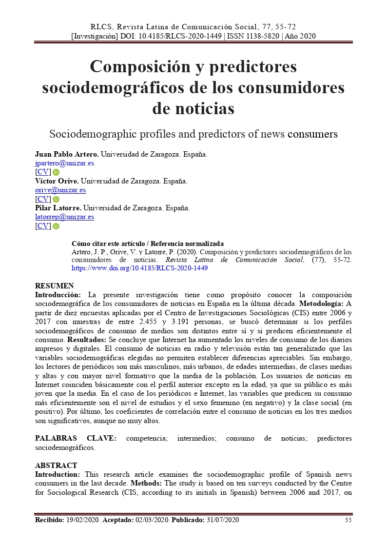 Composición y predictores sociodemográficos de los consumidores de noticias [Sociodemographic profiles and predictors of news consumers]