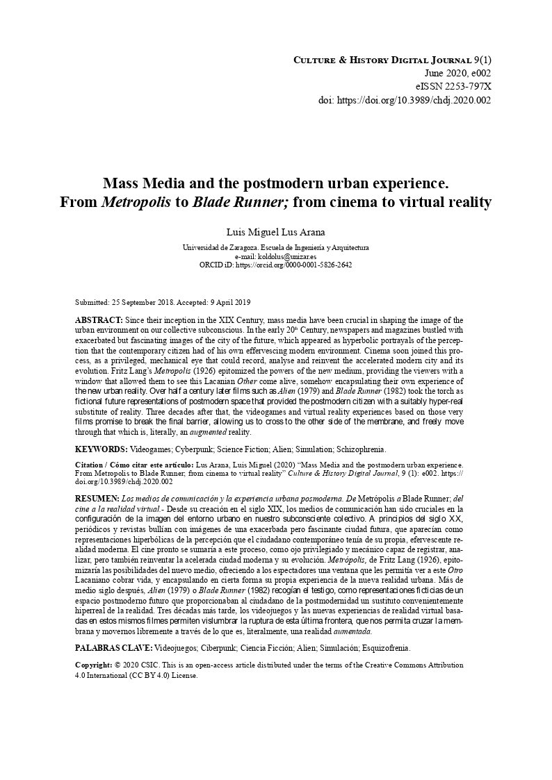 Mass Media And The Postmodern Urban Experience From Metropolis To Blade Runner From Cinema To Virtual Reality Los Medios De