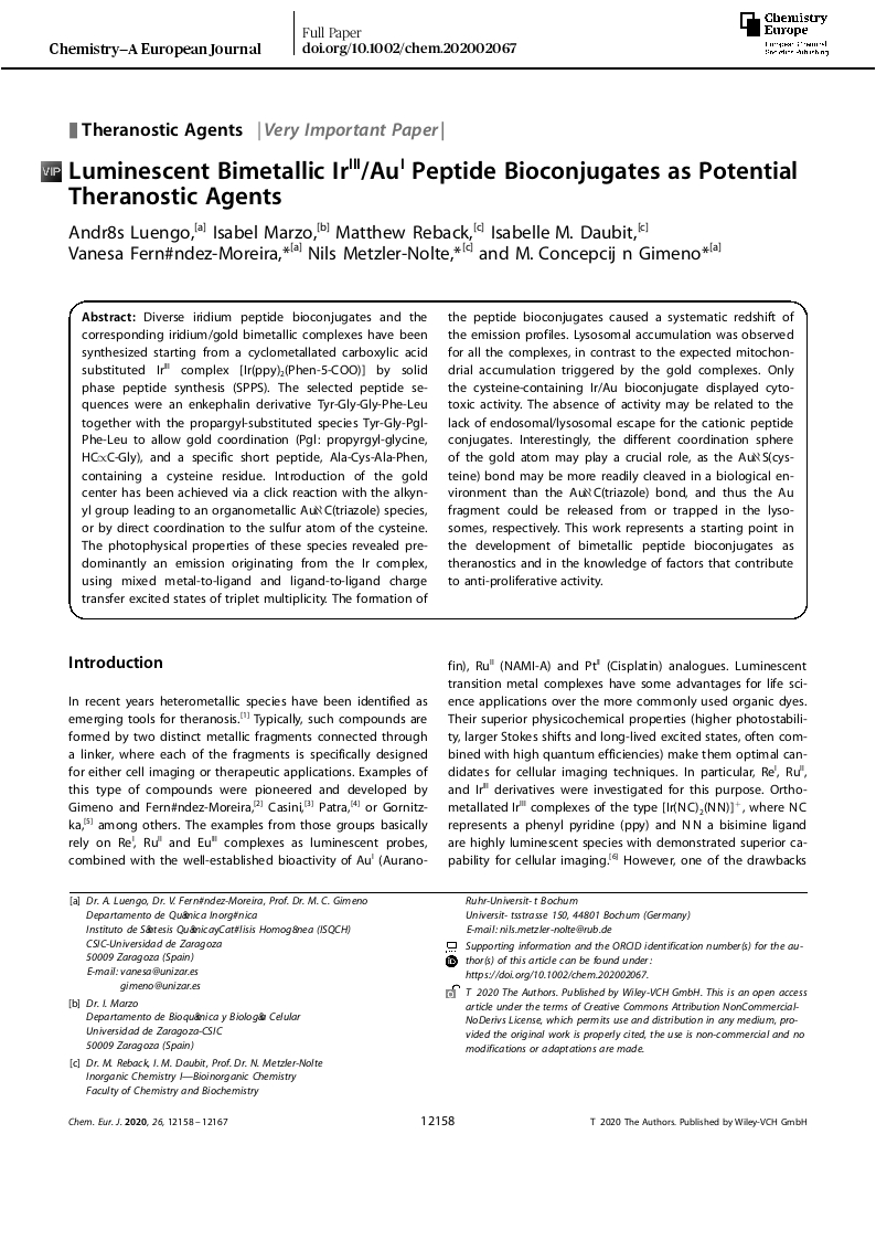 Luminescent Bimetallic IrIII /AuI Peptide Bioconjugates as Potential Theranostic Agents