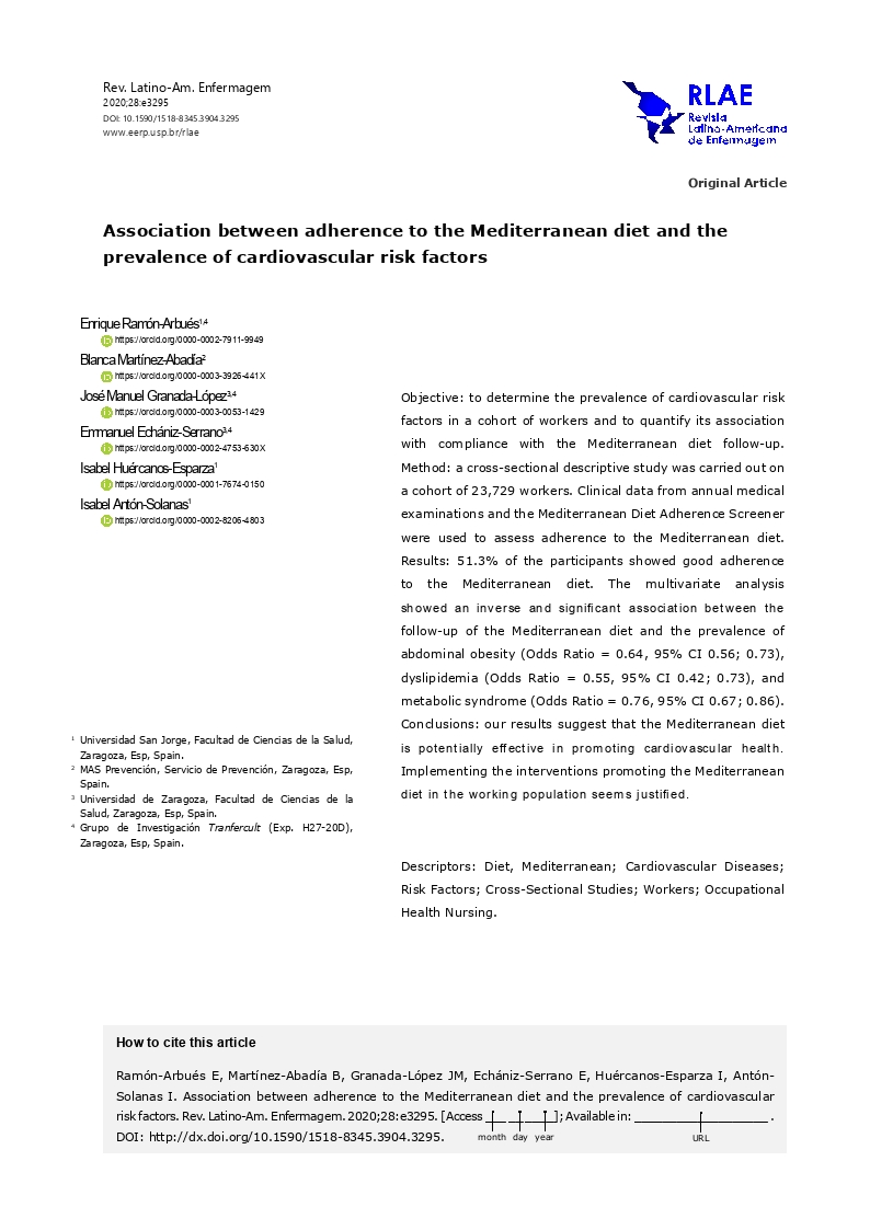 Association between adherence to the Mediterranean diet and prevalence of cardiovascular risk factors