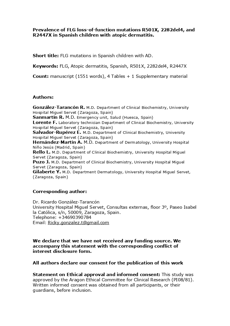 Prevalence of FLG loss-of-function mutations R501X, 2282del4, and R2447X in Spanish children with atopic dermatitis