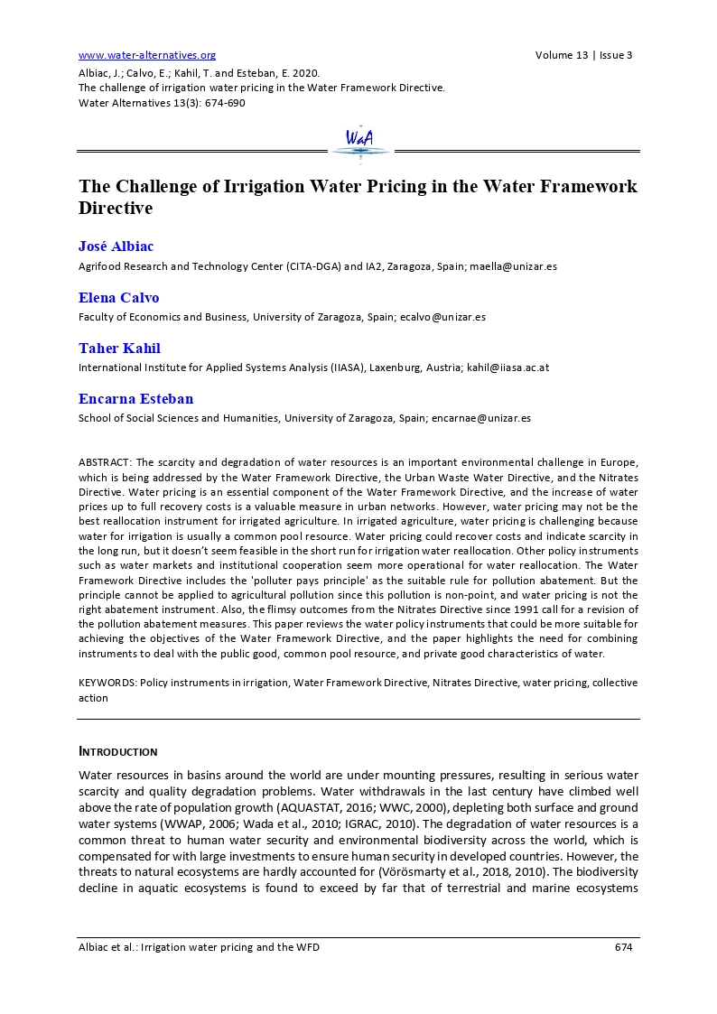 The Challenge of Irrigation Water Pricing in the Water Framework Directive