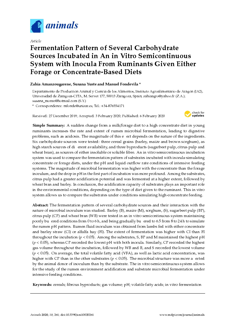 Fermentation pattern of several carbohydrate sources incubated in an in vitro semicontinuous system with inocula from ruminants given either forage or concentrate-based diets