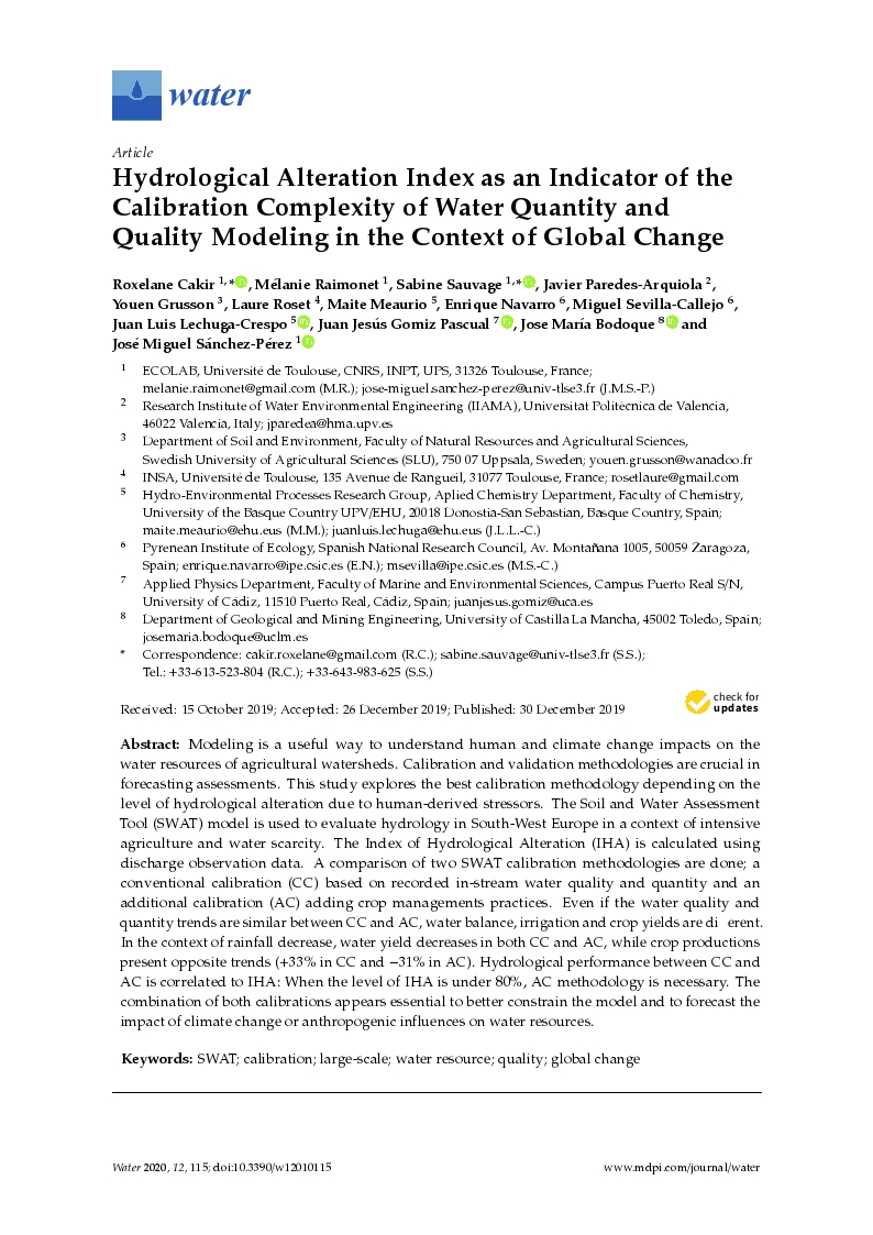 Hydrological alteration index as an indicator of the calibration complexity ofwater quantity and quality modeling in the context of global change