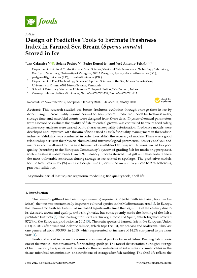 Design of predictive tools to estimate freshness index in farmed sea bream (Sparus aurata) stored in ice