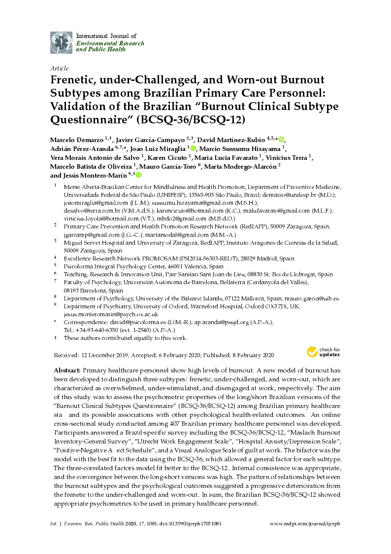 Frenetic, under-challenged, and worn-out burnout subtypes among brazilian primary care personnel: Validation of the Brazilian “burnout clinical subtype questionnaire” (BCSQ-36/BCSQ-12)