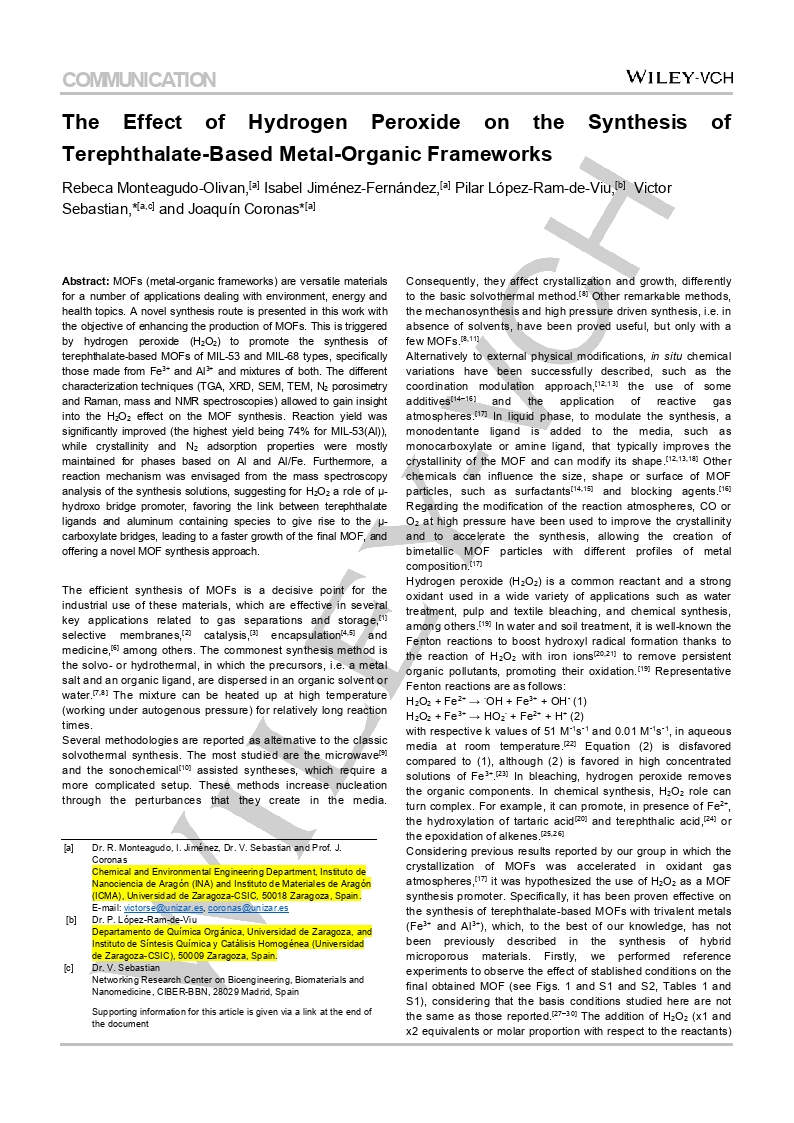 The Effect of Hydrogen Peroxide on the synthesis of Terephthalate-Based metal-organic frameworks