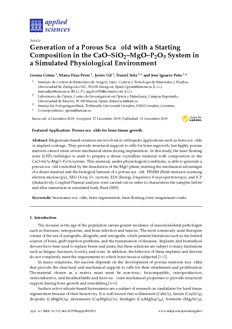 Generation of a porous scaffold with a starting composition in the CaO-SiO2-MgO-P2O5 system in a simulated physiological environment