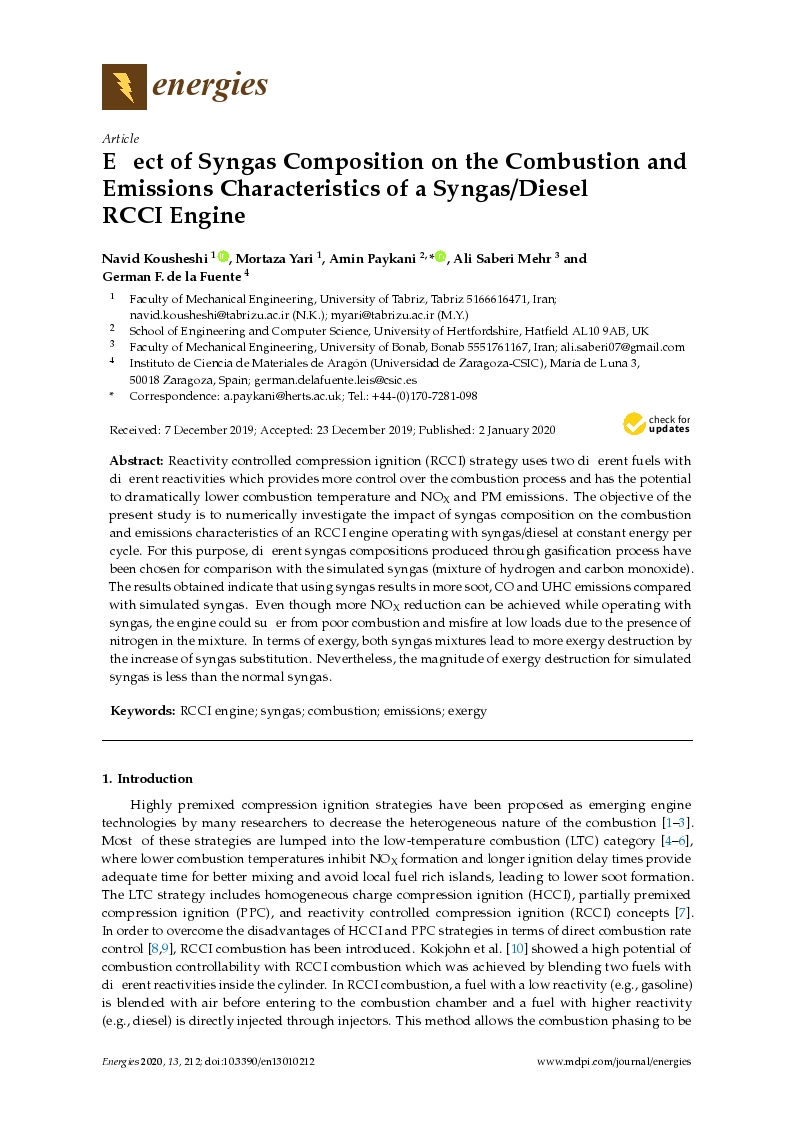 Effect of syngas composition on the combustion and emissions characteristics of a syngas/diesel RCCI engine
