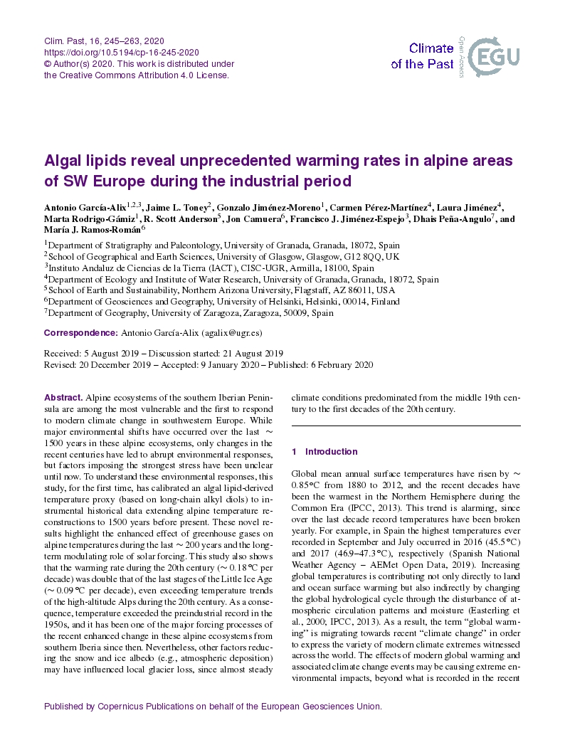 Algal lipids reveal unprecedented warming rates in alpine areas of SW Europe during the industrial period