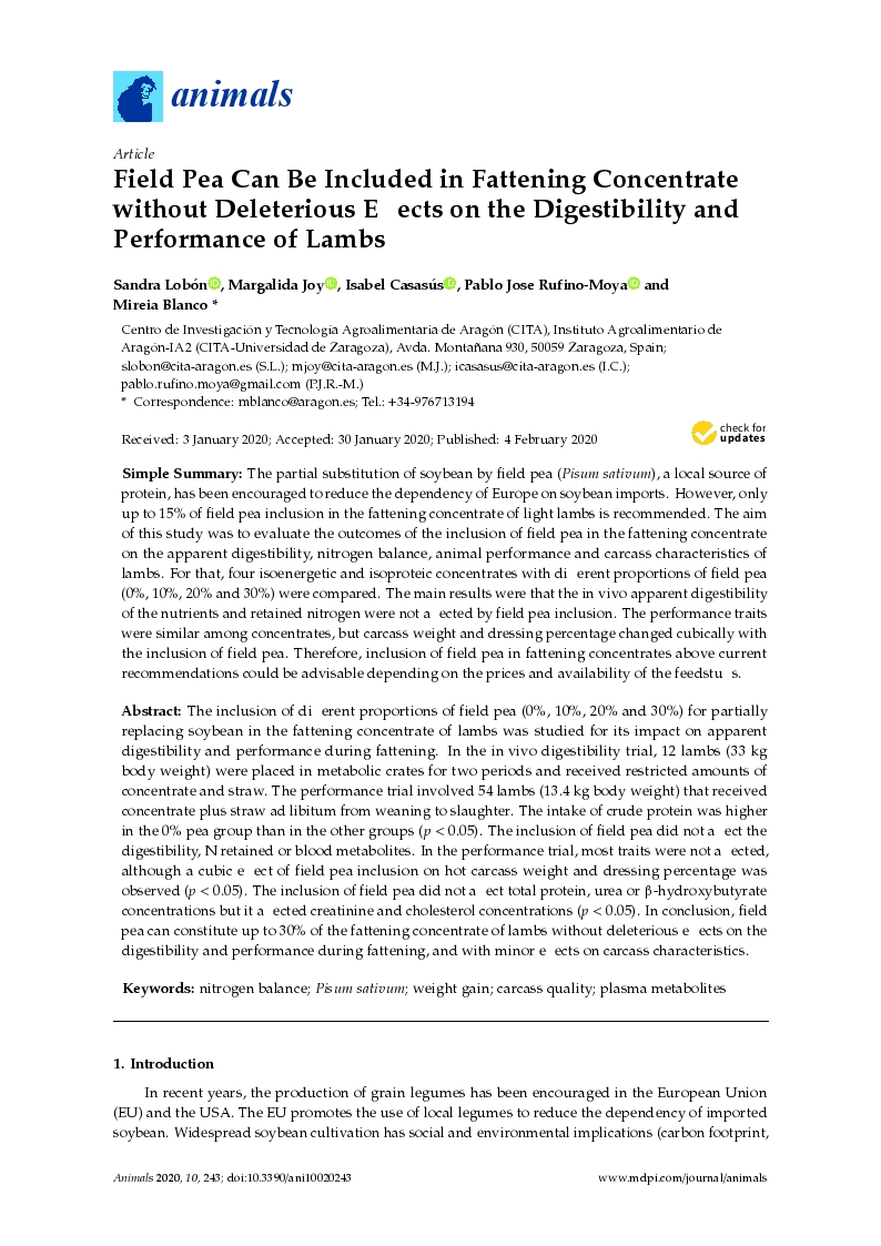 Field pea can be included in fattening concentrate without deleterious effects on the digestibility and performance of lambs