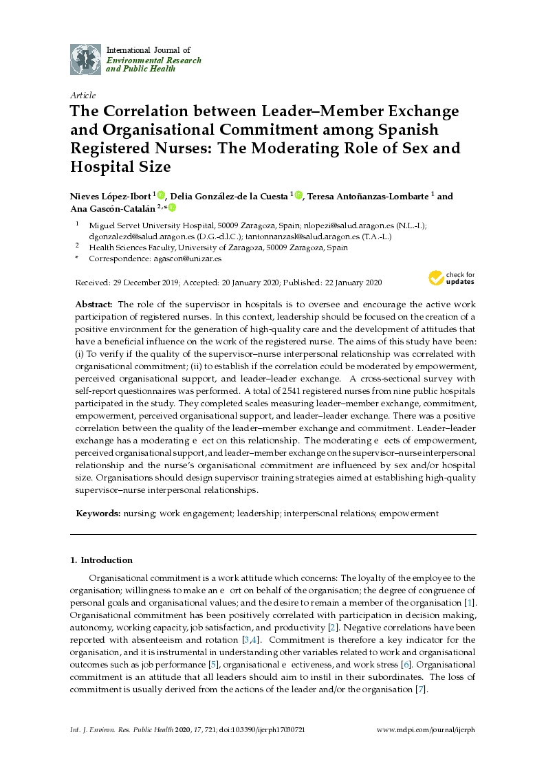 The correlation between leader–member exchange and organisational commitment among spanish registered nurses: The moderating role of sex and hospital size