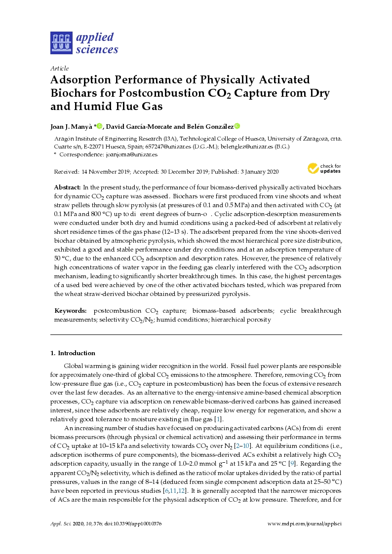 Adsorption performance of physically activated biochars for postcombustion Co2 capture from dry and humid flue gas