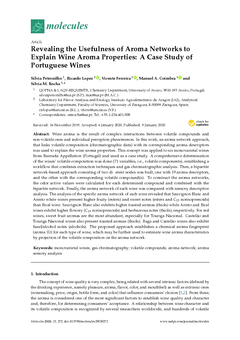 Revealing the usefulness of aroma networks to explain wine aroma properties: A case study of Portuguese wines