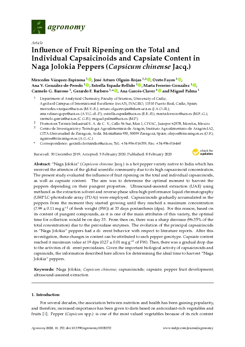 Influence of fruit ripening on the total and individual capsaicinoids and capsiate content in naga jolokia peppers (Capsicum chinense Jacq.)